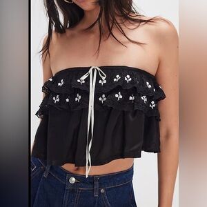 NWT free people Tailia embroidered tube top black ivory flowers sz medium